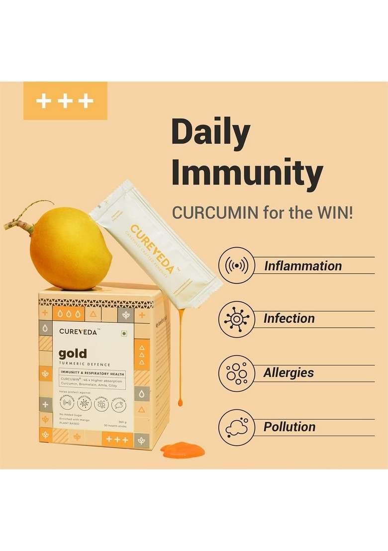 Cureveda Gold Turmeric Curcumin - Curcuwin® 46X Higher Absorption With Bromelain Amla & Giloy For Immunity, Lung Detox Natural Antioxidant Joint Health Anti Inflammatory Supplement 30 Sachets - Indya