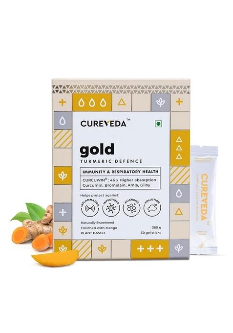 Cureveda Gold Turmeric Curcumin - Curcuwin® 46X Higher Absorption With Bromelain Amla & Giloy For Immunity, Lung Detox Natural Antioxidant Joint Health Anti Inflammatory Supplement 30 Sachets