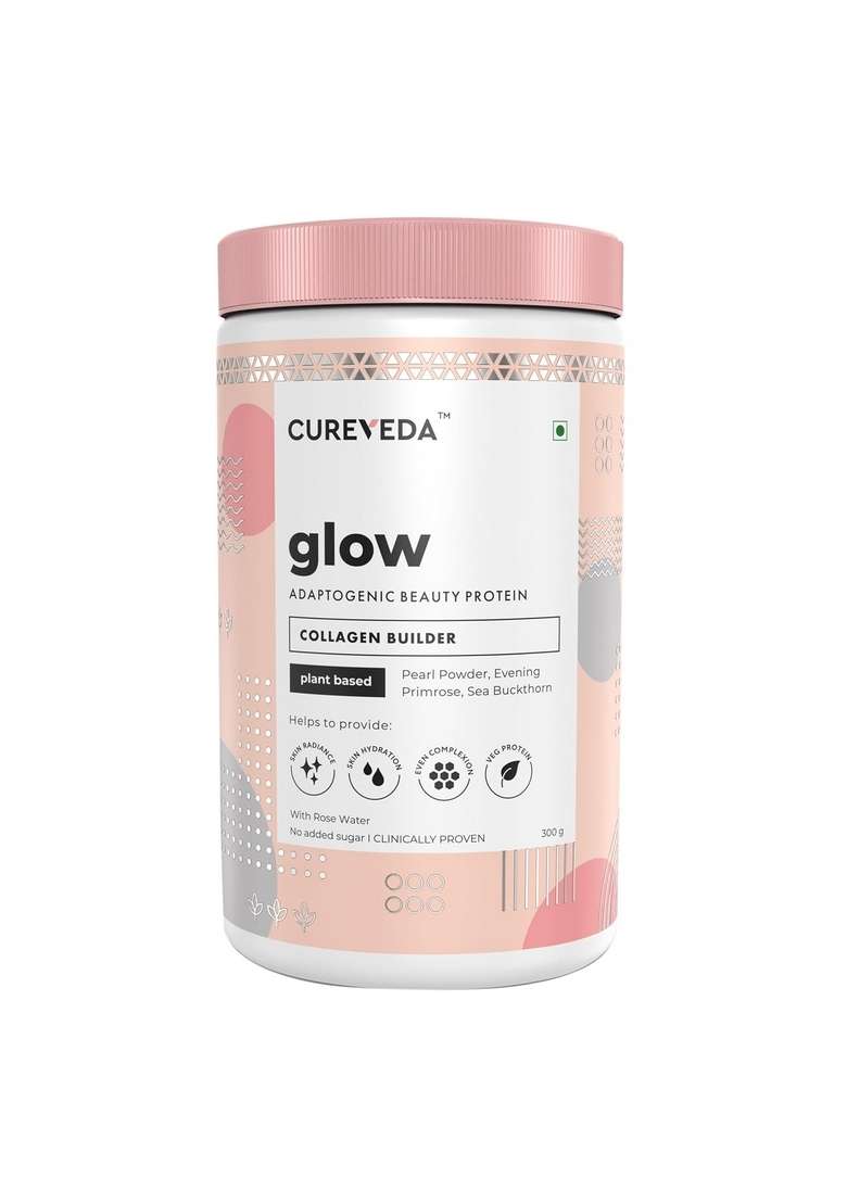 Cureveda Glow Veg Collagen Builder Powder (300G) For Brighter & Youthful Skin, Plant-Based Supplement With Rose Water, Beauty Protein, Evening Primrose 100Iu, No Added Sugar - Indya