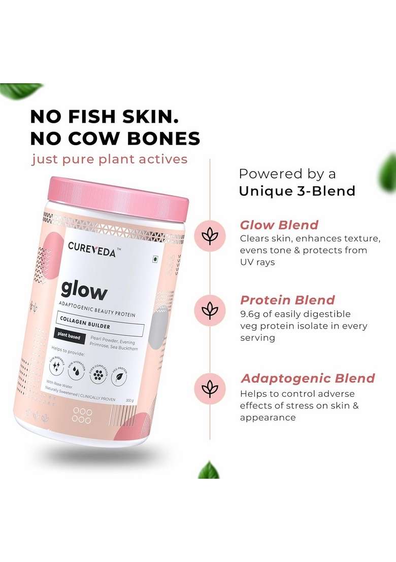 Cureveda Glow Veg Collagen Builder Powder (300G) For Brighter & Youthful Skin, Plant-Based Supplement With Rose Water, Beauty Protein, Evening Primrose 100Iu, No Added Sugar - Indya