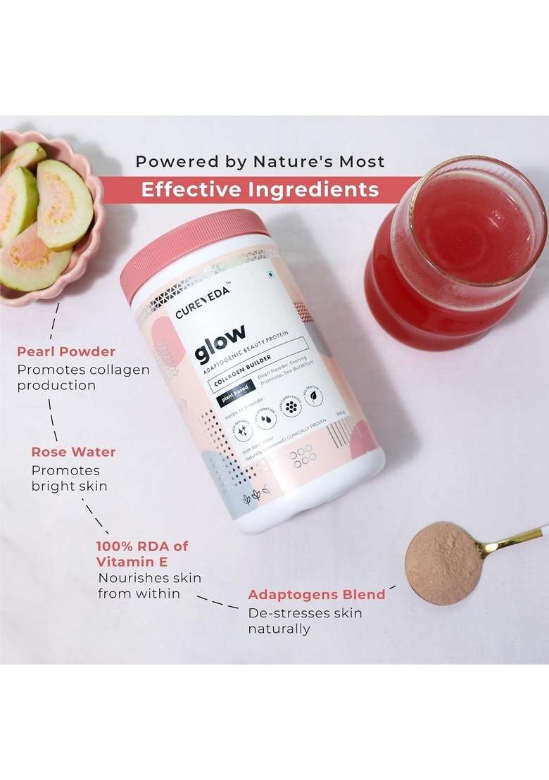 Cureveda Glow Veg Collagen Builder Powder (300G) For Brighter & Youthful Skin, Plant-Based Supplement With Rose Water, Beauty Protein, Evening Primrose 100Iu, No Added Sugar - Indya