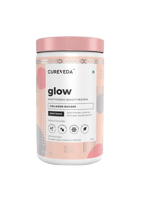 Cureveda Glow Veg Collagen Builder Powder (300G) For Brighter & Youthful Skin, Plant-Based Supplement With Rose Water, Beauty Protein, Evening Primrose 100Iu, No Added Sugar