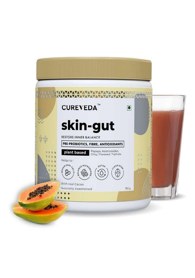 Cureveda Skingut Pre & Probiotic Powder For Clear Skin | Supports Acne Control Gut Health| Detox Plant-Based Formula With Antioxidants No Added Sugar Artificial Flavour(150 Gm) - Indya