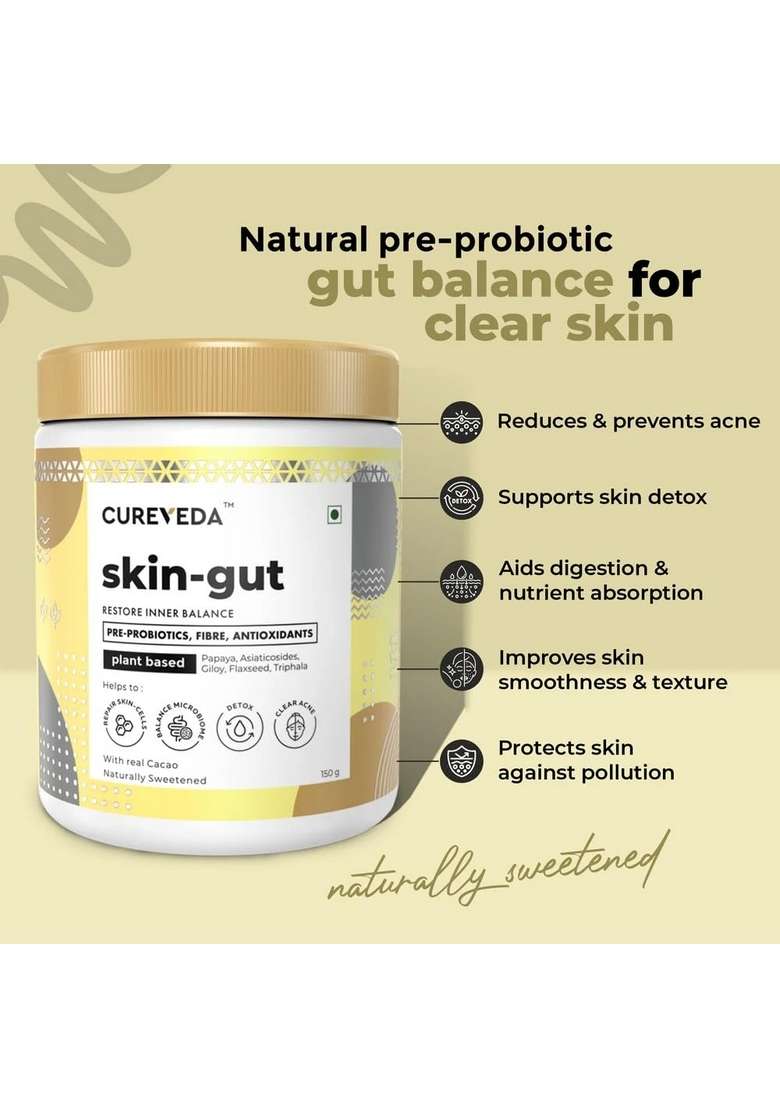 Cureveda Skingut Pre & Probiotic Powder For Clear Skin | Supports Acne Control Gut Health| Detox Plant-Based Formula With Antioxidants No Added Sugar Artificial Flavour(150 Gm) - Indya