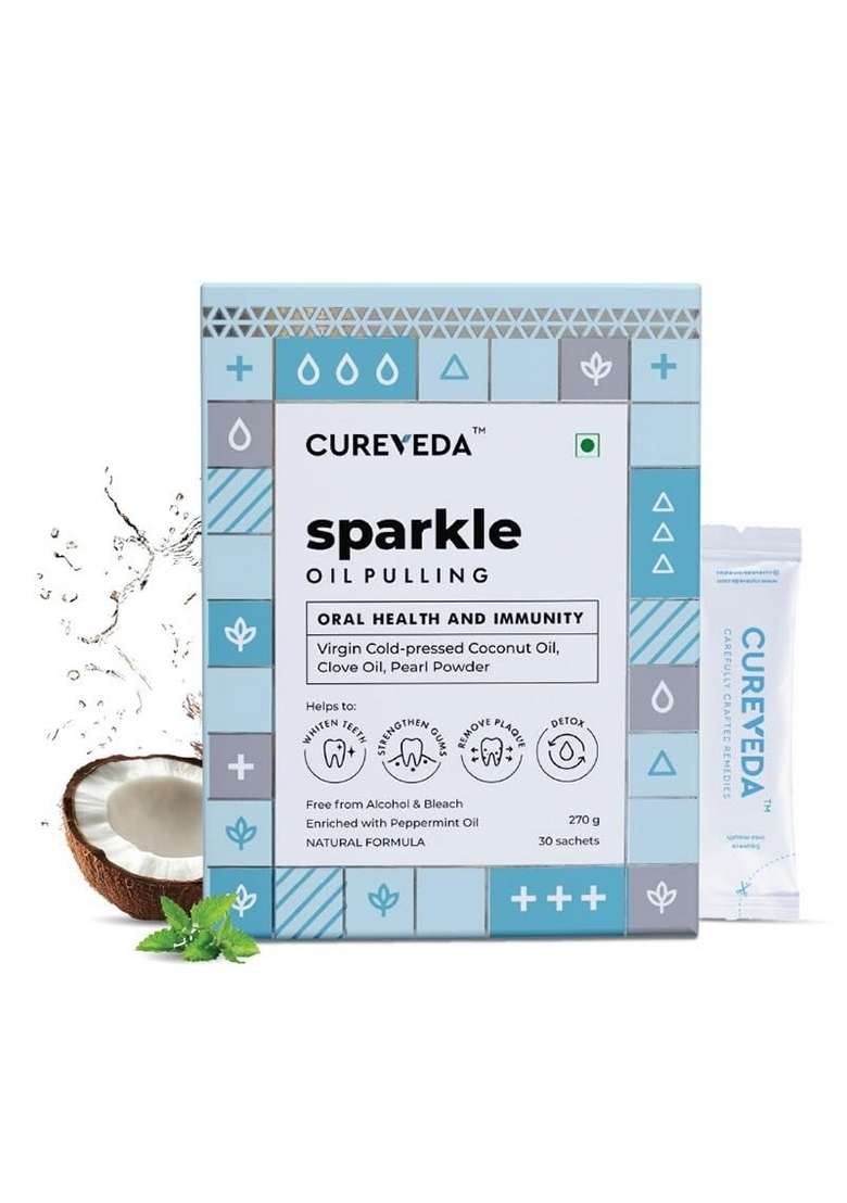 Cureveda Sparkle Oil Pulling For Mouth, Healthy Teeth & Stronger Gums | Herbal Mouthwash With Virgin Coconut Mouth Detox Fresh Breath Peppermint Flavour (270 Gm) (30 Sachet) - Indya