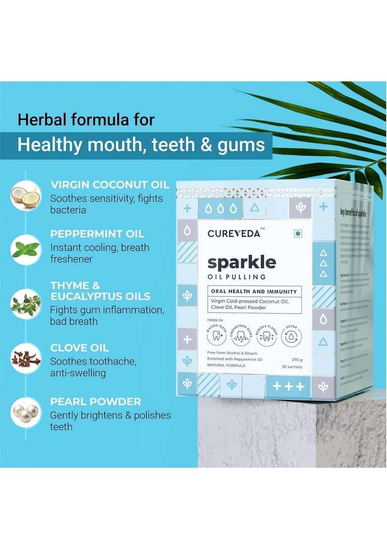 Cureveda Sparkle Oil Pulling For Mouth, Healthy Teeth & Stronger Gums | Herbal Mouthwash With Virgin Coconut Mouth Detox Fresh Breath Peppermint Flavour (270 Gm) (30 Sachet) - Indya