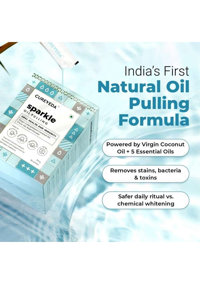Cureveda Sparkle Oil Pulling For Mouth, Healthy Teeth & Stronger Gums | Herbal Mouthwash With Virgin Coconut Mouth Detox Fresh Breath Peppermint Flavour (270 Gm) (30 Sachet) - Indya