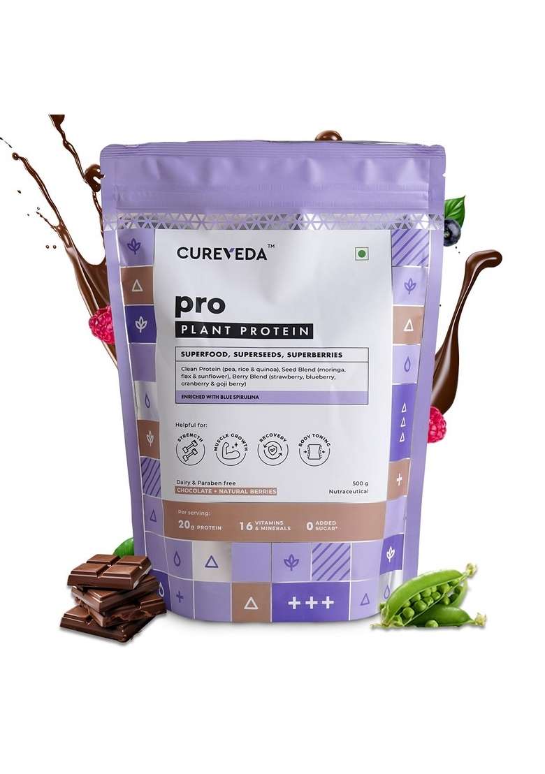 Cureveda Pro Super-3 Vegan Plant Protein Powder With Superfood, Superseeds & Superberries | Chocolate (500Gm) - Indya