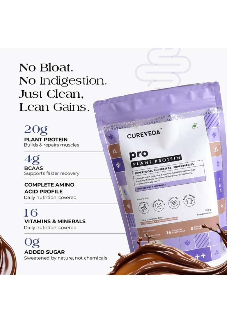Cureveda Pro Super-3 Vegan Plant Protein Powder With Superfood, Superseeds & Superberries | Chocolate (500Gm) - Indya