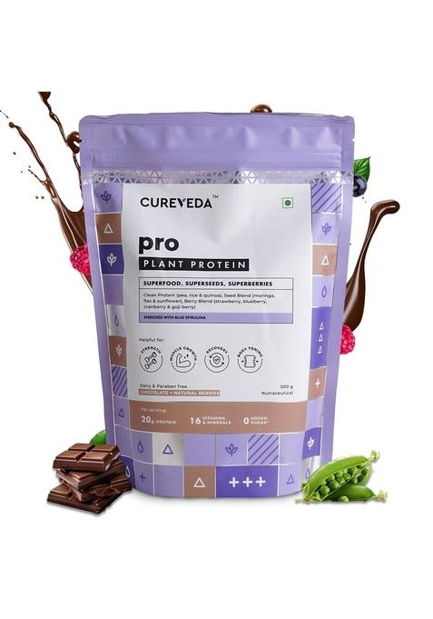 Cureveda Pro Super-3 Vegan Plant Protein Powder With Superfood, Superseeds & Superberries | Chocolate (500Gm)