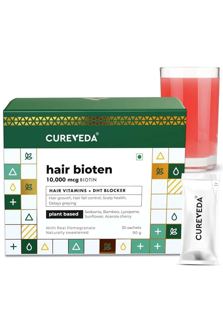 Cureveda Hair Bioten Grow Plant Based Biotin 10000 Mcg Powder Supplement For Men & Women | Healthy Scalp And Growth, No Added Sugar, Natural Pomegranate Flavour 30 Sachets - Indya