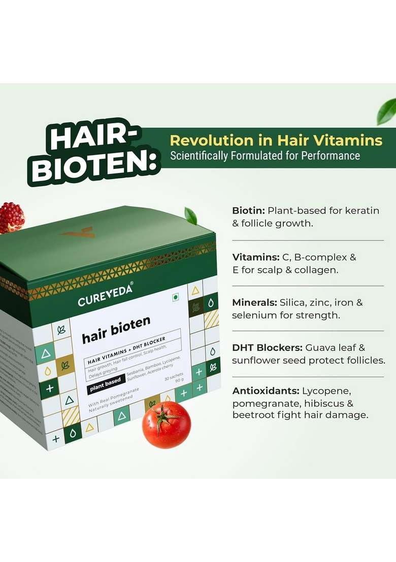 Cureveda Hair Bioten Grow Plant Based Biotin 10000 Mcg Powder Supplement For Men & Women | Healthy Scalp And Growth, No Added Sugar, Natural Pomegranate Flavour 30 Sachets - Indya