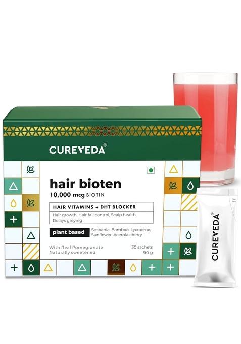 Cureveda Hair Bioten Grow Plant Based Biotin 10000 Mcg Powder Supplement For Men & Women | Healthy Scalp And Growth, No Added Sugar, Natural Pomegranate Flavour 30 Sachets