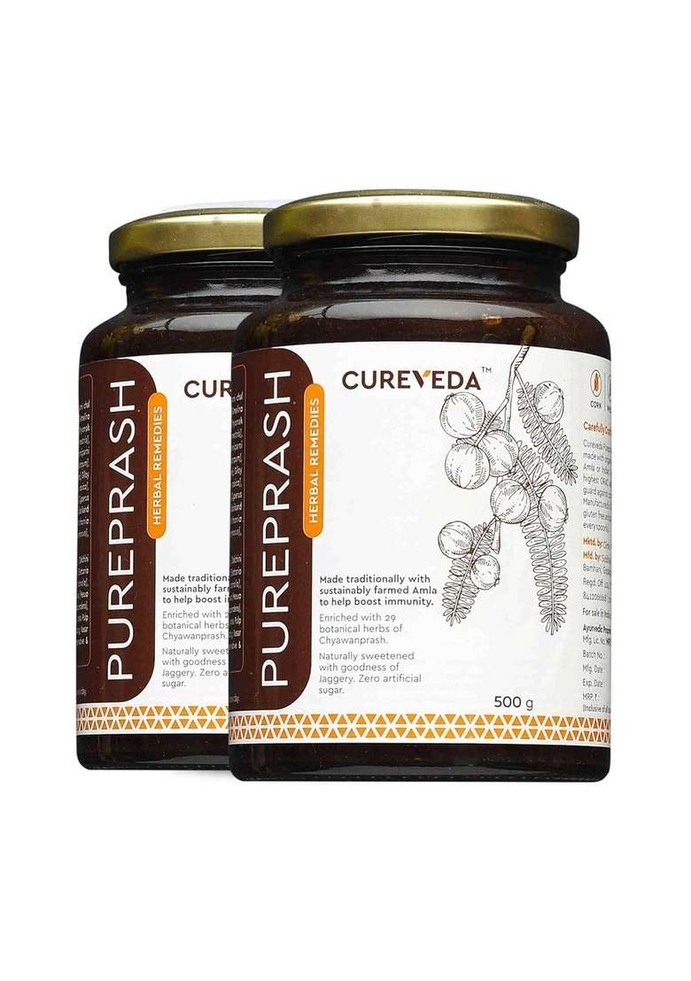 Cureveda Chyawanprash Pureprash 1Kg - Herbal Immunity Support For All Age Groups- Jaggery, Organic, Saffron Kesar, No Added Sugar (500Gms X 2) - Indya