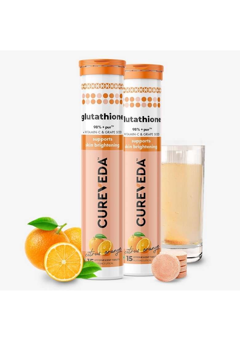 Cureveda Glutathione 500Mg With Vitamin C 30 Tabs | Skin Brightening & Radiance Supplement Supports Depigmentation De-Tanning No Artificial Sugar Additives (15 Count (Pack Of 2), Orange - Indya