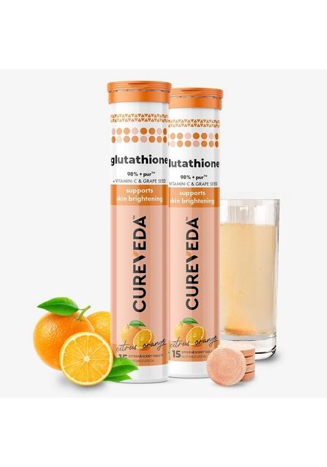 Cureveda Glutathione 500Mg With Vitamin C 30 Tabs | Skin Brightening & Radiance Supplement Supports Depigmentation De-Tanning No Artificial Sugar Additives (15 Count (Pack Of 2), Orange