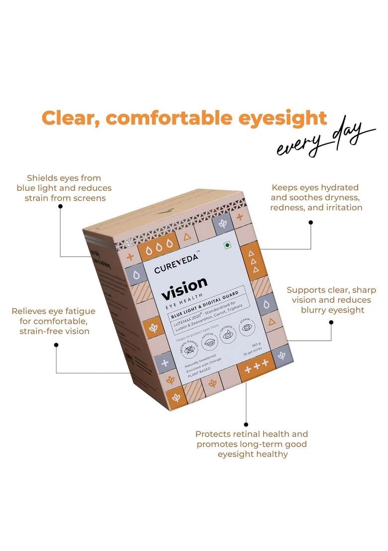 Cureveda Cureveda-Vision Plant Based Eye Health For Kids & Adults, Blue Light Digital Guard (Lutein, Zeaxanthin, Carrots, Triphala) - 30 Count (Sachet) - Indya