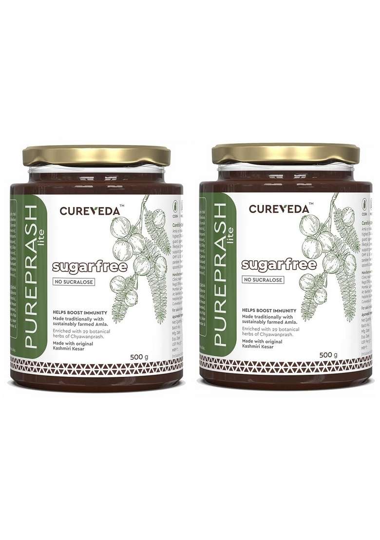 Cureveda Pureprash Lite-Sugarfree Chyawanprash, Safe For Diabetics, Low Calories, Organic Immunity Booster All Age Groups With Saffron/Kesar, No Added Sugar, Sucralose (500Gm) (Pack Of 2) - Indya