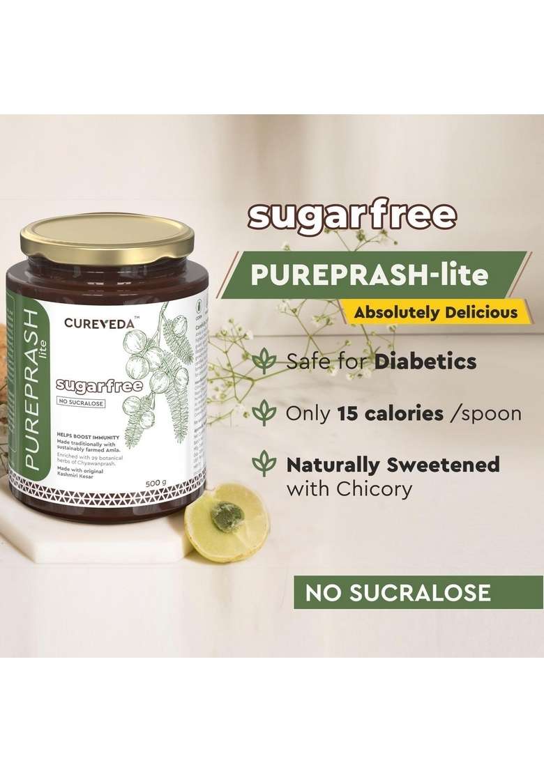 Cureveda Pureprash Lite-Sugarfree Chyawanprash, Safe For Diabetics, Low Calories, Organic Immunity Booster All Age Groups With Saffron/Kesar, No Added Sugar, Sucralose (500Gm) (Pack Of 2) - Indya
