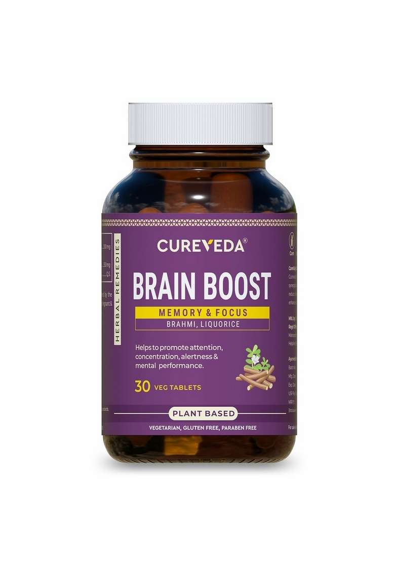 Cureveda Herbal Brain Boost Tablet For & Memory Wellness | Extracted With Brahmi And Liquorice Improves Learning, Retention Vegetarian Gluten Paraben Free (30 Tablets) - Indya
