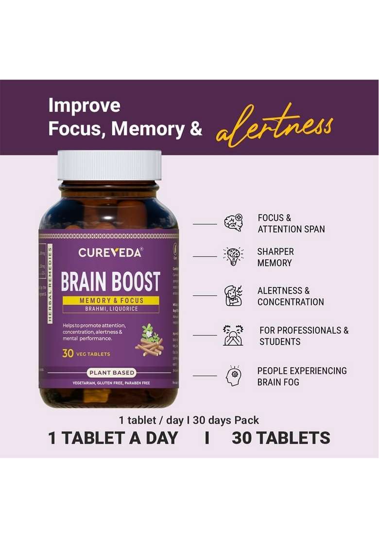 Cureveda Herbal Brain Boost Tablet For & Memory Wellness | Extracted With Brahmi And Liquorice Improves Learning, Retention Vegetarian Gluten Paraben Free (30 Tablets) - Indya