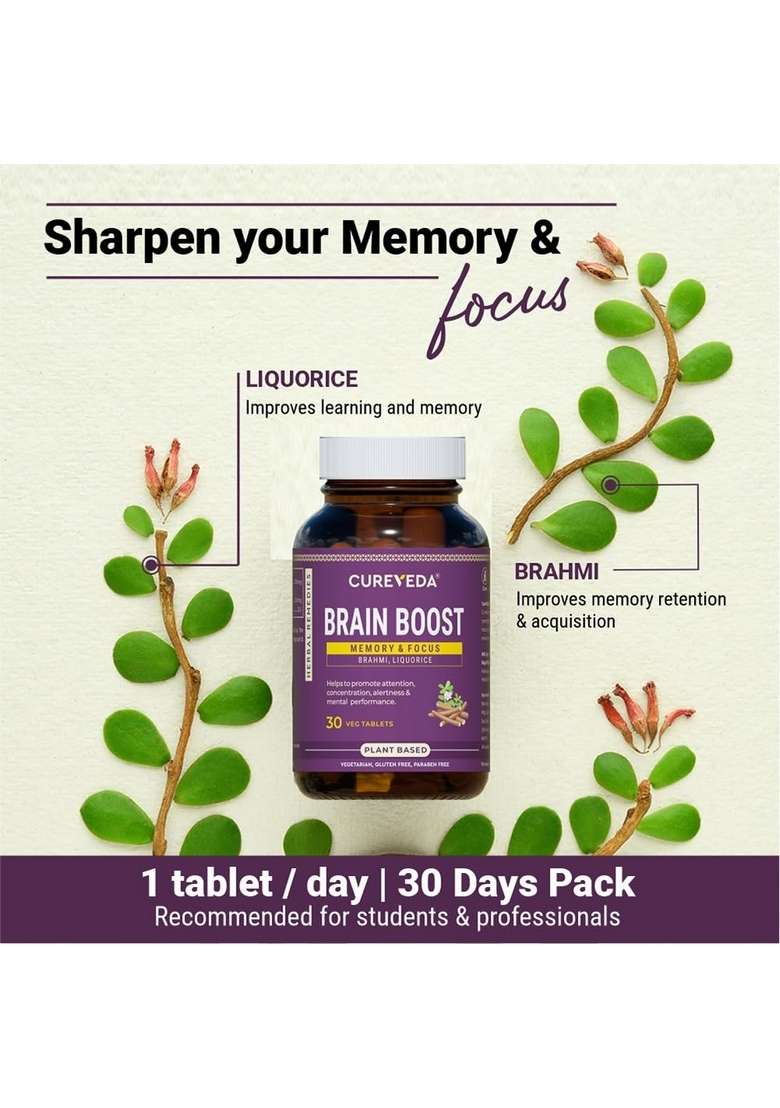 Cureveda Herbal Brain Boost Tablet For & Memory Wellness | Extracted With Brahmi And Liquorice Improves Learning, Retention Vegetarian Gluten Paraben Free (30 Tablets) - Indya