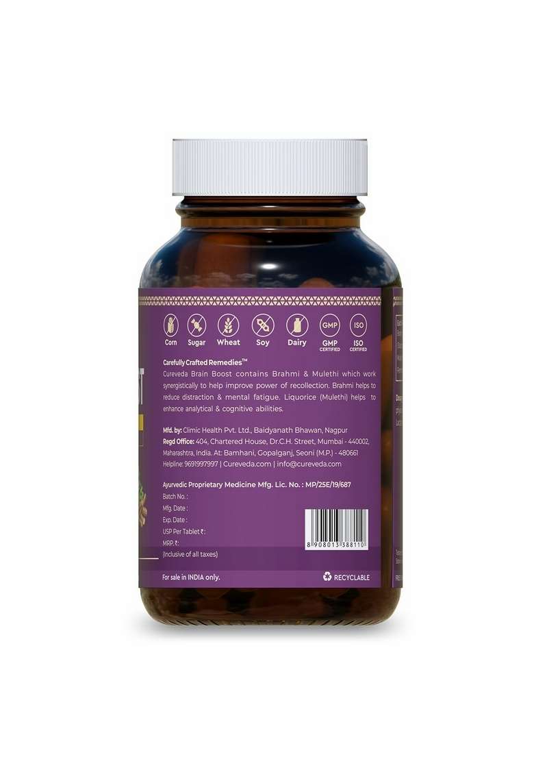 Cureveda Herbal Brain Boost Tablet For & Memory Wellness | Extracted With Brahmi And Liquorice Improves Learning, Retention Vegetarian Gluten Paraben Free (30 Tablets) - Indya