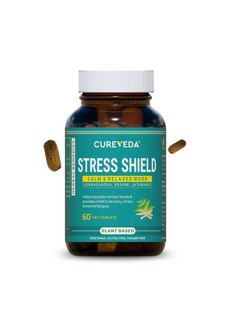 Cureveda Herbal Stress Shield Tablets- Support For Stress, Fatigue And Tension (Gold Standard Ashwagandha, Brahmi, Jatamansi- General Wellness- 60 Tablets - Indya