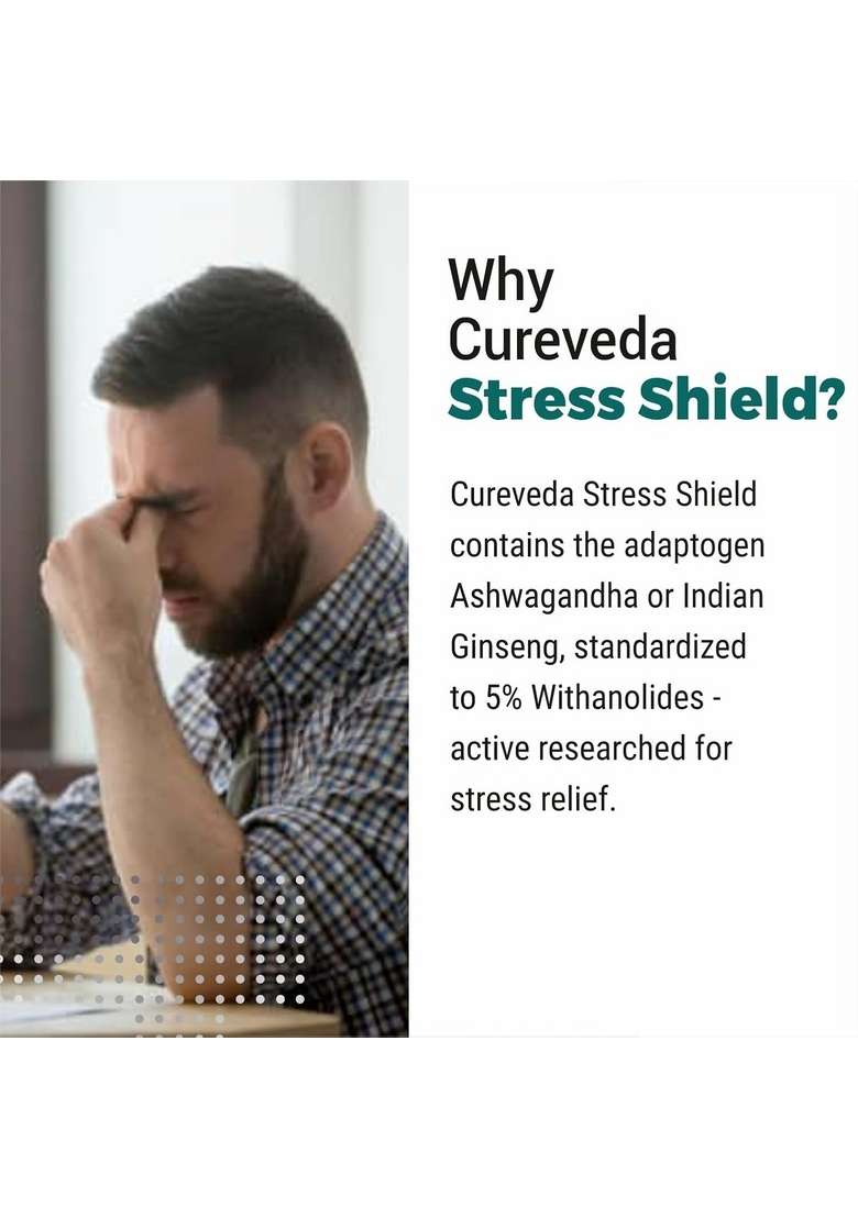 Cureveda Herbal Stress Shield Tablets- Support For Stress, Fatigue And Tension (Gold Standard Ashwagandha, Brahmi, Jatamansi- General Wellness- 60 Tablets - Indya