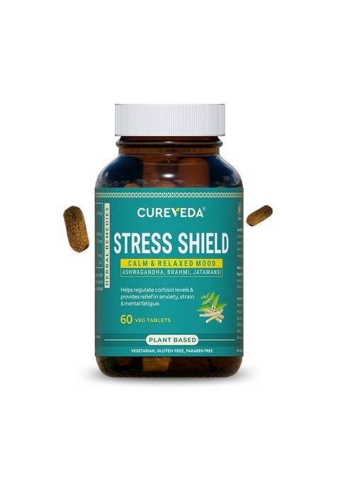 Cureveda Herbal Stress Shield Tablets- Support For Stress, Fatigue And Tension (Gold Standard Ashwagandha, Brahmi, Jatamansi- General Wellness- 60 Tablets