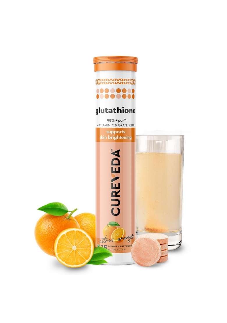 Cureveda Glutathione With Vitamin C | Skin Brightening & Radiance Supplement Supports Depigmentation De-Tanning No Maltodextrin Artificial Additives (15 Count (Pack Of 1), Orange) - Indya
