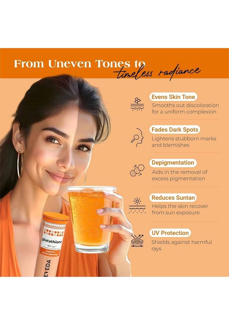 Cureveda Glutathione With Vitamin C | Skin Brightening & Radiance Supplement Supports Depigmentation De-Tanning No Maltodextrin Artificial Additives (15 Count (Pack Of 1), Orange) - Indya