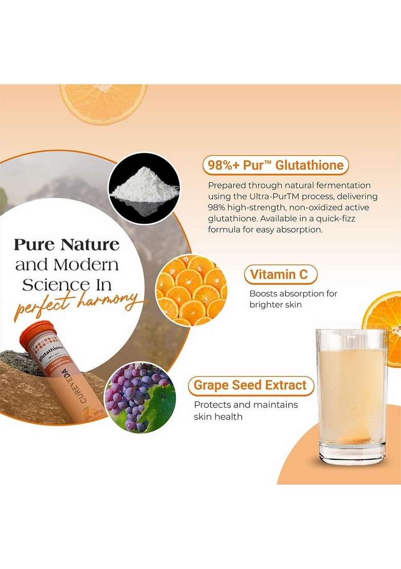 Cureveda Glutathione With Vitamin C | Skin Brightening & Radiance Supplement Supports Depigmentation De-Tanning No Maltodextrin Artificial Additives (15 Count (Pack Of 1), Orange) - Indya