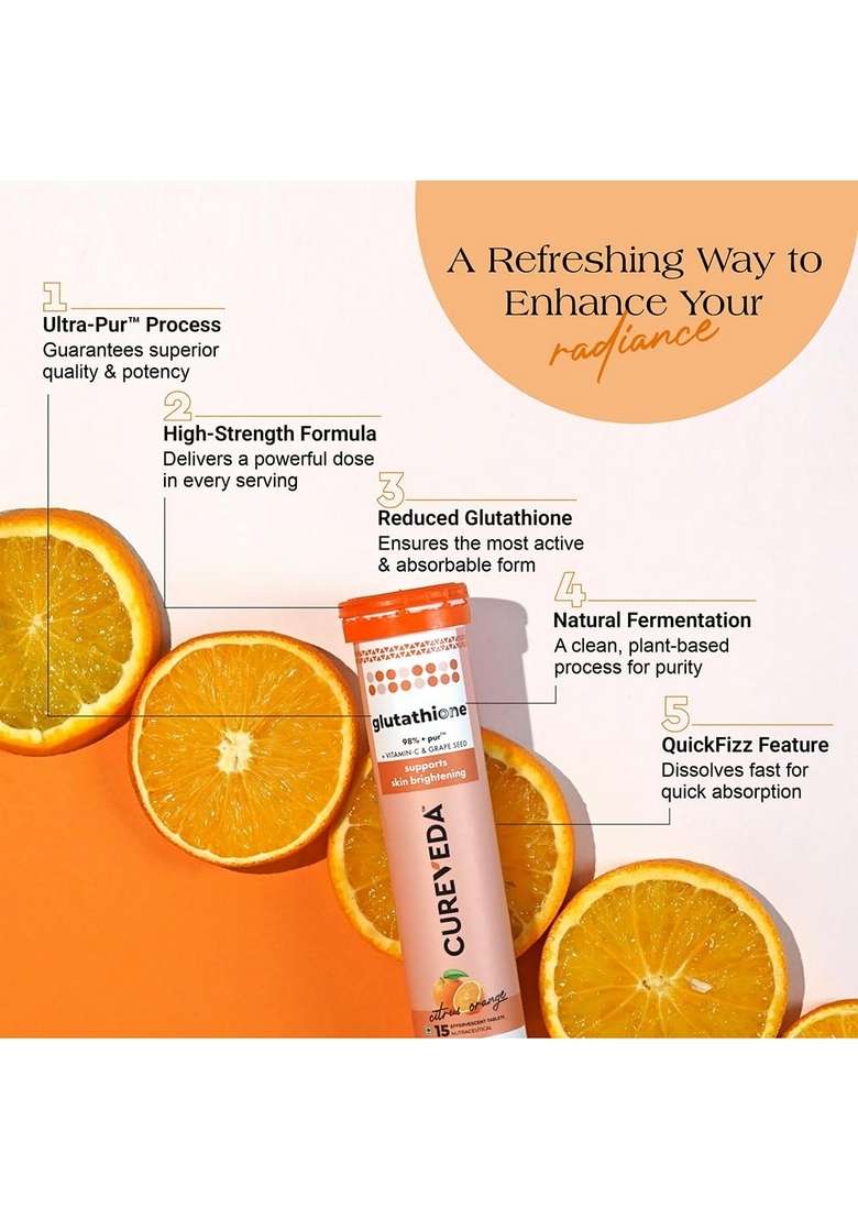 Cureveda Glutathione With Vitamin C | Skin Brightening & Radiance Supplement Supports Depigmentation De-Tanning No Maltodextrin Artificial Additives (15 Count (Pack Of 1), Orange) - Indya