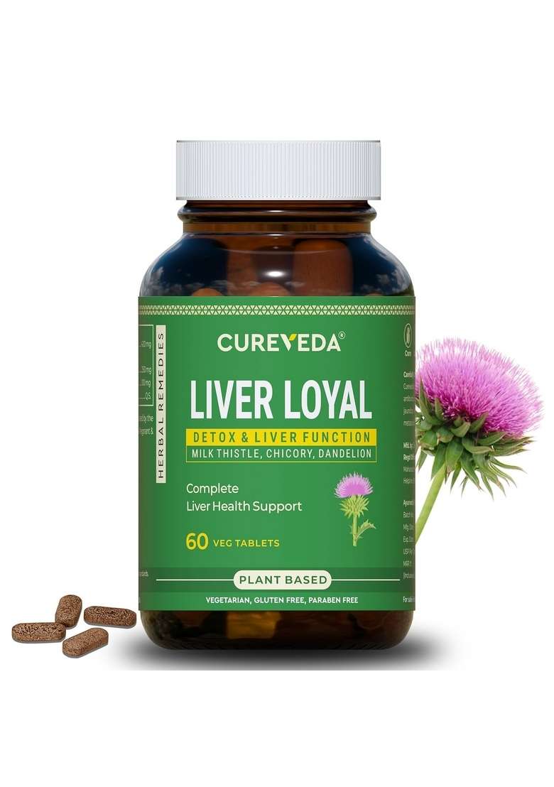 Cureveda Liver Loyal Detox Supplement Milk Thistle Extract 420Mg With Chicory & Dandelion For Fatty Care | Natural Detoxification Formula 60 Veg Tablets - Indya