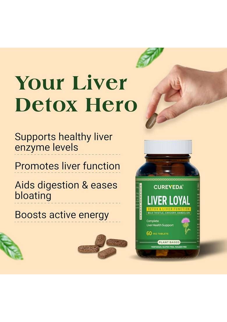 Cureveda Liver Loyal Detox Supplement Milk Thistle Extract 420Mg With Chicory & Dandelion For Fatty Care | Natural Detoxification Formula 60 Veg Tablets - Indya