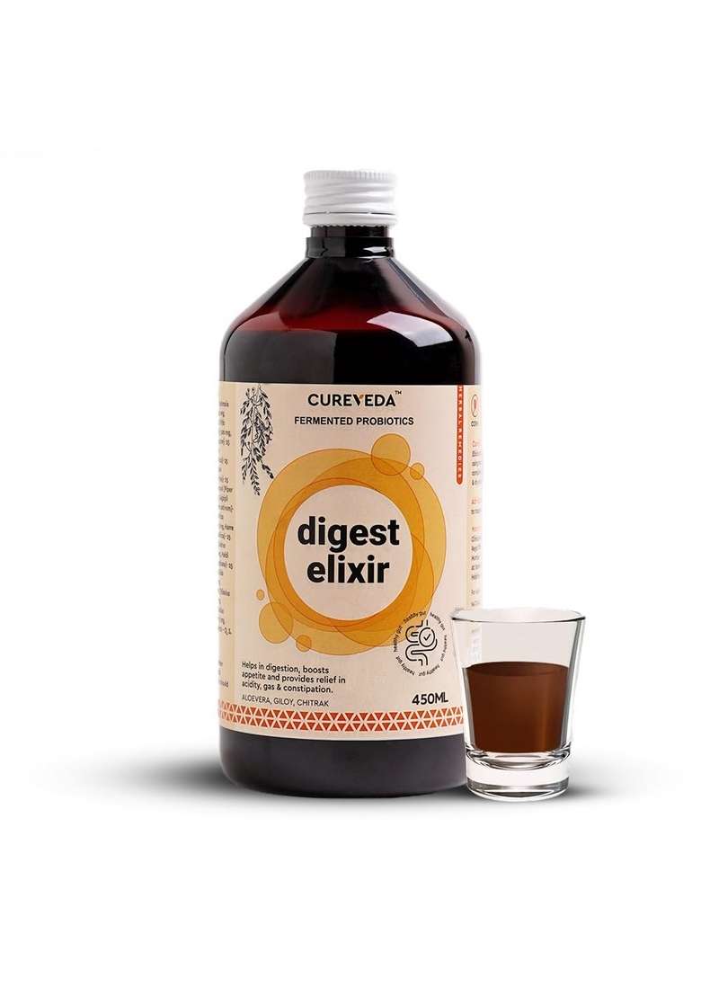 Cureveda Digest Elixir Herbal Syrup, Ayurvedic Tonic For Detox, Enrich With Aloe Vera And Chitrak (450 Ml) - Indya