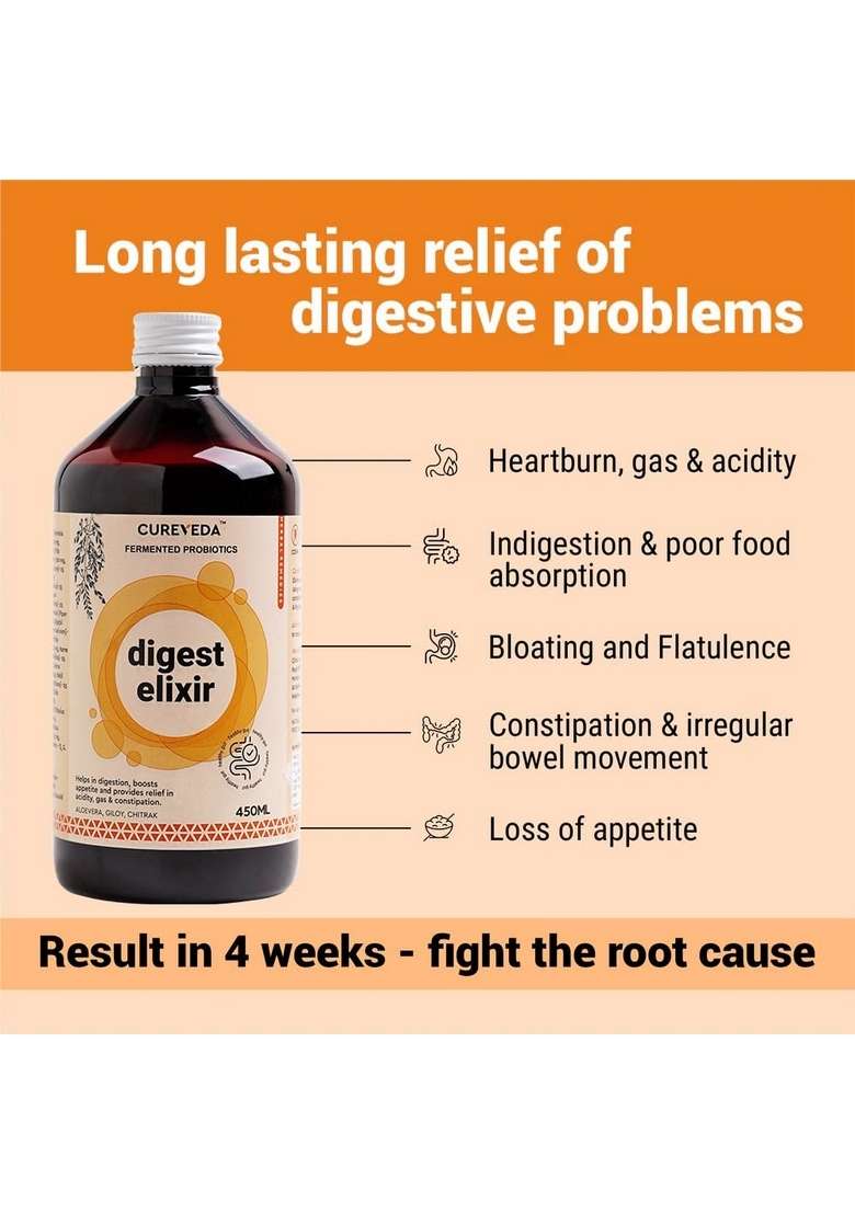 Cureveda Digest Elixir Herbal Syrup, Ayurvedic Tonic For Detox, Enrich With Aloe Vera And Chitrak (450 Ml) - Indya