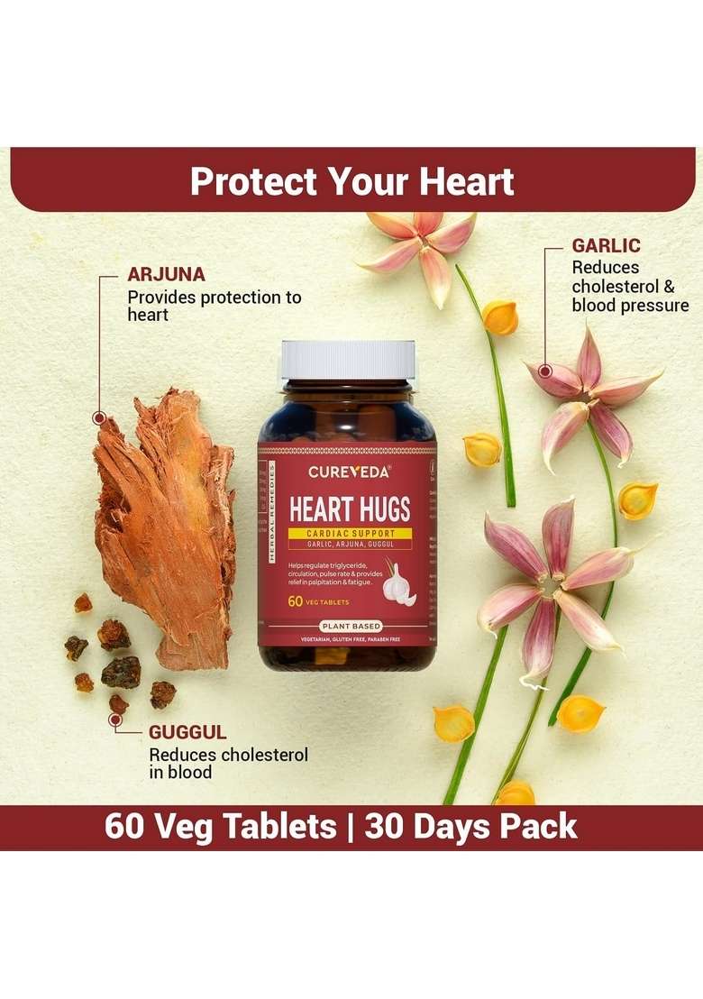 Cureveda Cureveda™ Herbal Heart Hugs - For Healthy Cardiac Wellness Cholesterol Control 60 Tablets - Indya