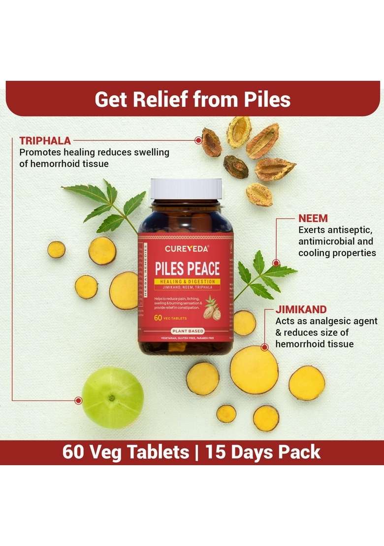 Cureveda Piles Peace Herbal Tablets | Improve Digestion And Relief From Constipation, Pain & Swelling Helps To Reduce Itching, Inflammation For Men, Women (60 Tablets) - Indya