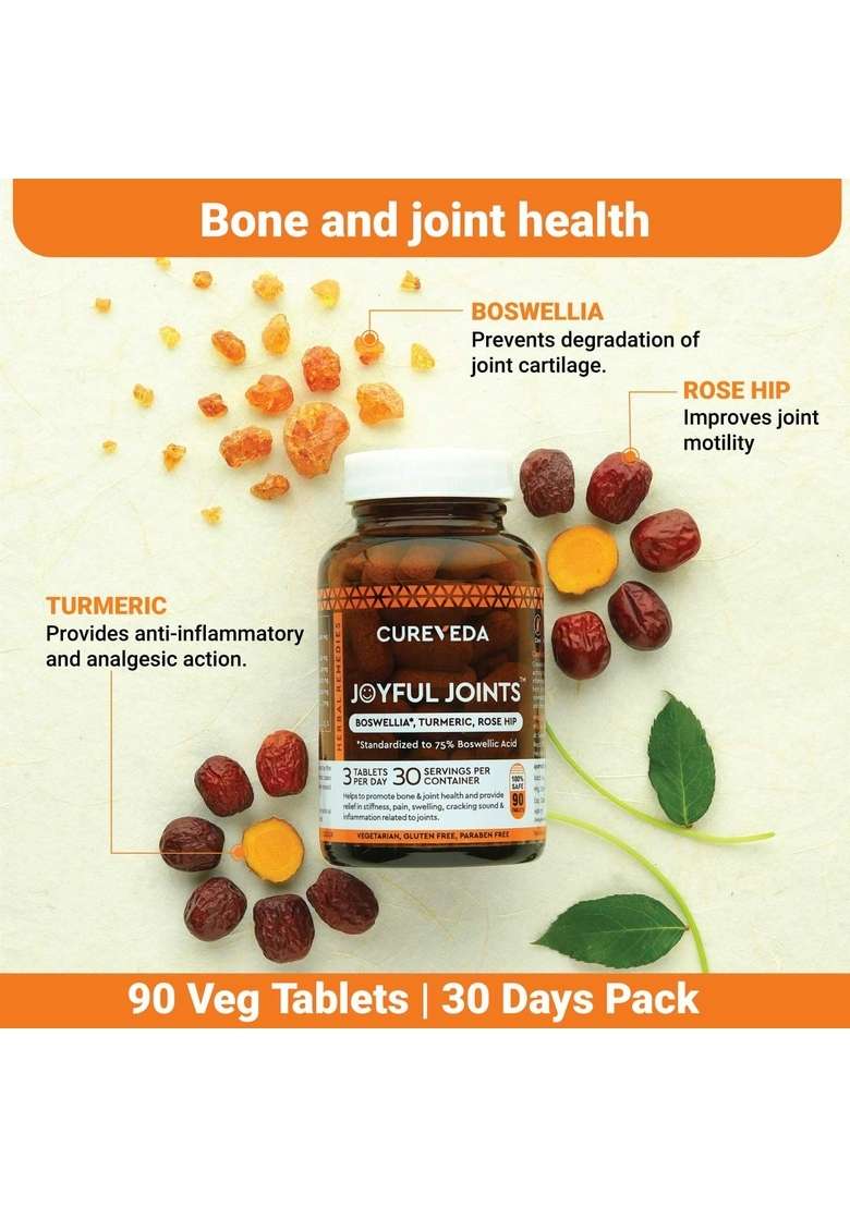 Cureveda Herbal Joyful Joint Support Supplement Tablets For Bone,Joint Wellness (60 Tablets) - Indya