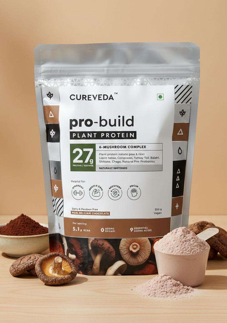 Cureveda Pro-Build Plant Protein Powder | 27G Vegan + 6 Mushrooms 5.1G Bcaa & Digestive Enzymes Cordyceps, Lion’S Mane, Reishi, Chaga, Shiitake, Turkey Tail Chocolate 500G - Indya