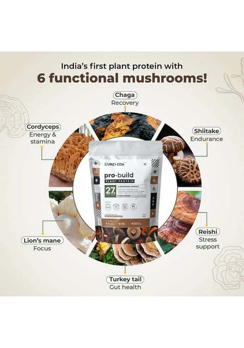 Cureveda Pro-Build Plant Protein Powder | 27G Vegan + 6 Mushrooms 5.1G Bcaa & Digestive Enzymes Cordyceps, Lion’S Mane, Reishi, Chaga, Shiitake, Turkey Tail Chocolate 500G - Indya