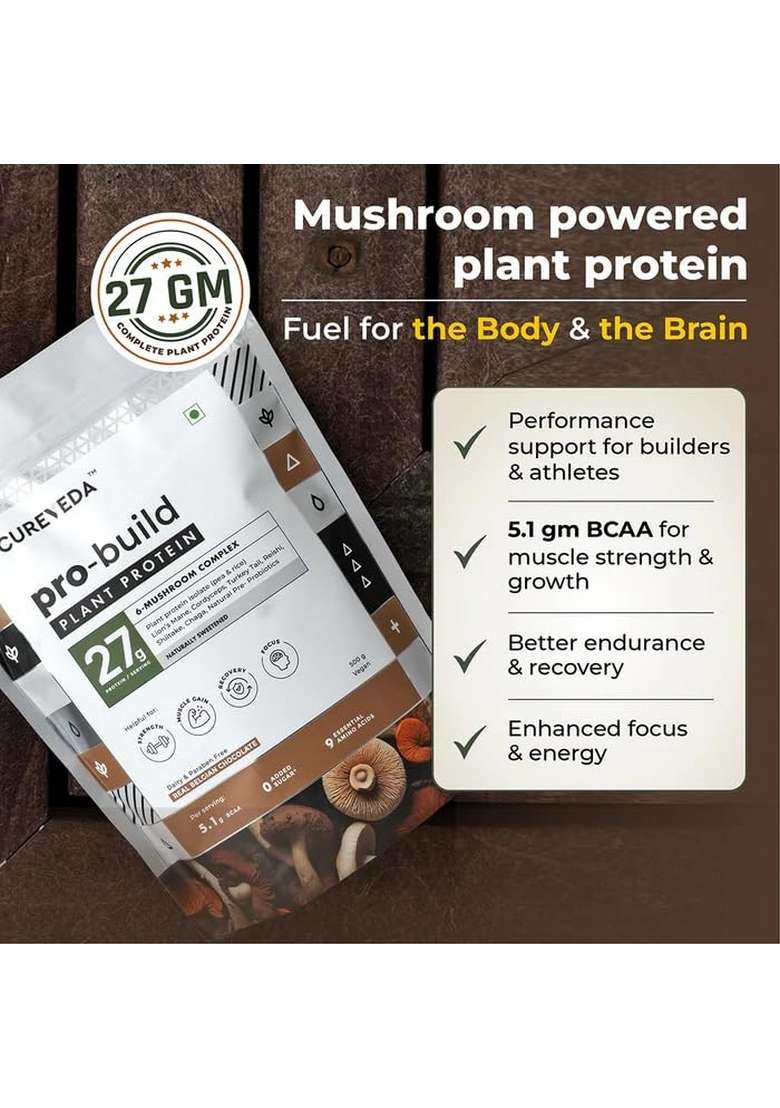 Cureveda Pro-Build Plant Protein Powder | 27G Vegan + 6 Mushrooms 5.1G Bcaa & Digestive Enzymes Cordyceps, Lion’S Mane, Reishi, Chaga, Shiitake, Turkey Tail Chocolate 500G - Indya