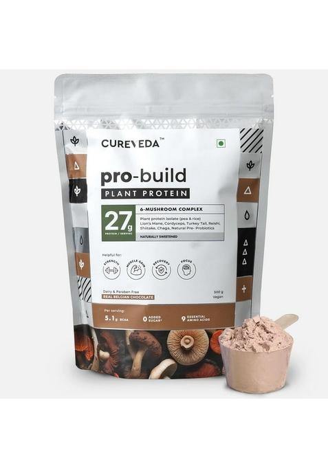 Cureveda Pro-Build Plant Protein Powder | 27G Vegan + 6 Mushrooms 5.1G Bcaa & Digestive Enzymes Cordyceps, Lion’S Mane, Reishi, Chaga, Shiitake, Turkey Tail Chocolate 500G