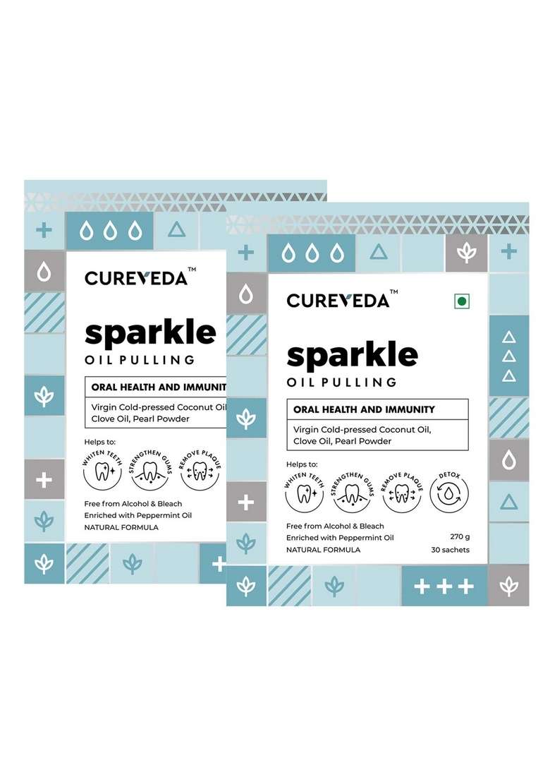 Cureveda Sparkle Pearl Oil Pulling With Coconut For Mouth, Teeth & Gums | Herbal Mouthwash Oral Health, Detoxification Bad Breath Peppermint Flavour (Pack Of 2, 30 Sachet Each) - Indya