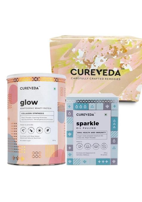 Cureveda Glow Plant Based Collagen Veg And Natural Beauty Protein Powder For Men Women – Pearl Powder, Evening Primrose, Vitamin E, Sea Buckthorn, Grape Seed 300 Gm Sparkle Diwali Pack