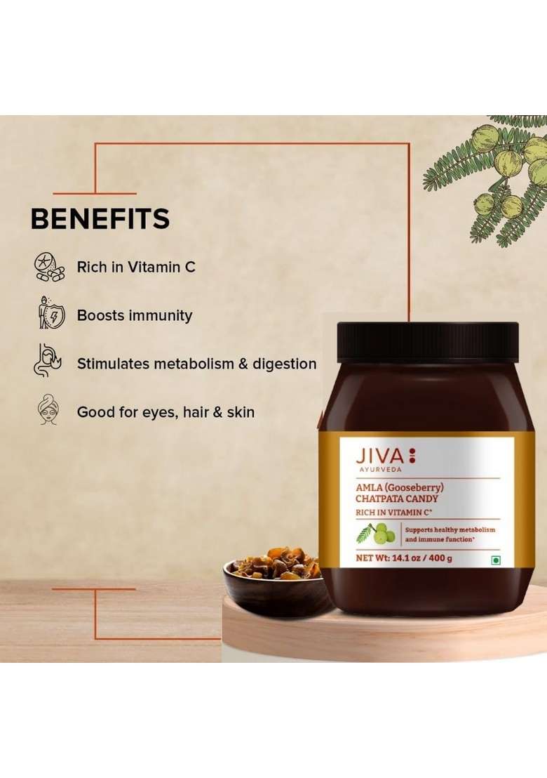 Jiva Amla Chatpata Candy 400Gm | Rich In Dietary Fibres & Vitamin C, Boosts Immunity, Supports Healthy Digestion (Pack Of 1) - Indya