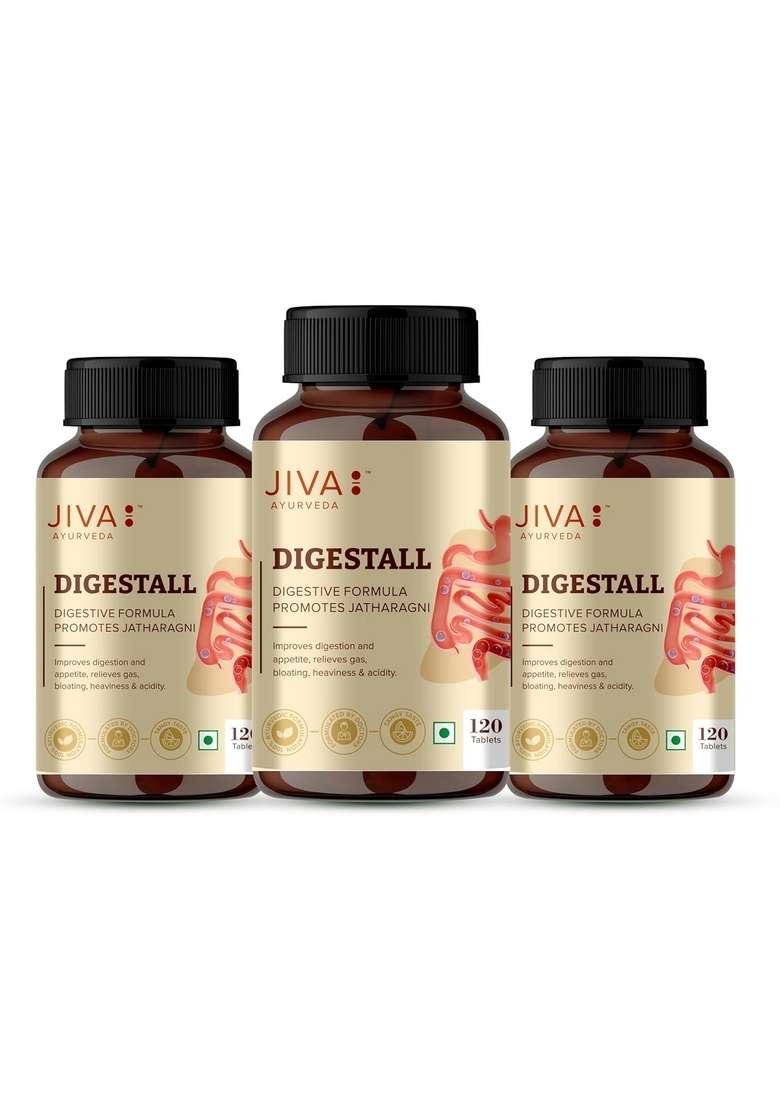 Jiva Digestall Tablet 500Mg 360 | Goodness Of Anardana, Maricha, Elaichi, Dhania Helpful In Indigestion, Bloating & Acidity - 120 (Pack 3) - Indya