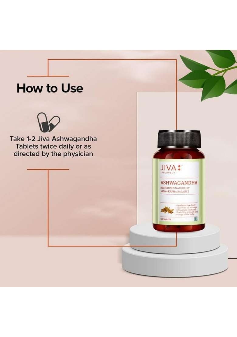 Jiva Ashwagandha Tablet - 120 Tablets | Ayurvedic Supplement For Body, Boost Energy & Immunity, Stress Relief, Rejuvenates Mind, Improves Strength Helpful In Kapha Vata Doshas - Indya